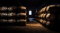 Whiskey, bourbon, scotch barrels aging facility. Rows of traditional whiskey barrels. generative ai Royalty Free Stock Photo