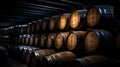 Whiskey, bourbon, scotch barrels aging facility. Rows of traditional whiskey barrels. generative ai Royalty Free Stock Photo