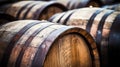 Whiskey, bourbon, scotch or wine barrels in an aging facility.