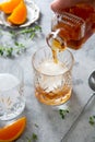 Whiskey, brandy or bourbon alcohol drink in crystal glasses