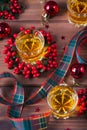 Whiskey, brandy or liquor shot and Christmas decorations Royalty Free Stock Photo