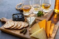 Whiskey and cheese pairing, tasting whisky glasses and plate with sliced cheeses Royalty Free Stock Photo