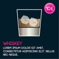 Whiskey cocktail card template with price and flat background.