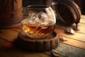 Whiskey, cognac, rum or bourbon in round glass, expensive alcohol with ice cubes
