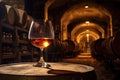 whiskey or cognac in snifter glass on old wooden barrel in cellar