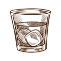 Whiskey, cola and ice cubes in glass isolated sketch