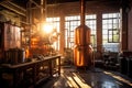 whiskey distilling process captured in sunlight