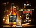 Whiskey Drink ads with ice coube design. Realistic glass whiskey bottle on shiny gold background. Vector 3d illustration