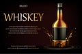 Whiskey Drink ads. Realistic glass whisky strong alcohol drink bottle on dark background with liquid splash and drops Royalty Free Stock Photo