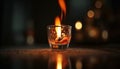 Whiskey glass glowing in candlelight, burning with elegance and luxury generated by AI