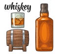 Whiskey glass with ice cubes, barrel, bottle