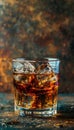 Whiskey glass with ice cubes on dark blurred background, offering ample space for text placement Royalty Free Stock Photo