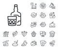 Whiskey glass with ice cubes line icon. Scotch alcohol sign. Crepe, sweet popcorn and salad. Vector