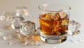 Whiskey glass with ice cubes on neutral background, perfect for adding text or captions