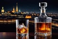 Whiskey glass jag decanter on wooden counter with view to night city Royalty Free Stock Photo