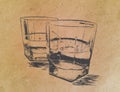 Whiskey in glasses on paper background. engraved