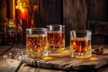 whiskey glasses on a rustic wooden table with amber liquid