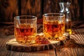 whiskey glasses on a rustic wooden table with amber liquid