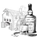 Whiskey from grain to bottle. Black and white ink style drawing isolated on white background