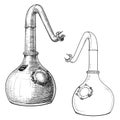 Whiskey from grain to bottle. A Swan necked copper Stills. Black and white ink style drawing isolated on white Royalty Free Stock Photo