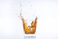 Whiskey with ice. Rum with ice. Brown brandy with ice. Three ice cubes in a glass with alcohol. Royalty Free Stock Photo