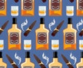 Whiskey with ice seamless pattern. Gentleman background. Bottle Royalty Free Stock Photo