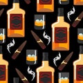 Whiskey with ice seamless pattern. Gentleman background. Bottle