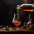 whiskey liquor bottle fills a glass , generated by AI