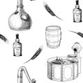 Whiskey making process from grain to bottle. Pieces of equipment. Seamless pattern.