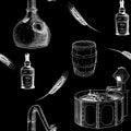 Whiskey making process from grain to bottle. Pieces of equipment. Seamless pattern.