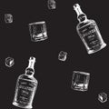 Whiskey making process from grain to bottle. Scotch whiskey bottle, glass with some ice cubes. Seamless pattern.