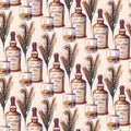 Whiskey making process from grain to bottle. Scotch whiskey bottle, glass with some barley ears and grains. Seamless pattern