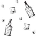 Whiskey making process from grain to bottle. Scotch whiskey bottle, glass with some ice cubes. Seamless pattern.