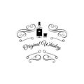 Whiskey retro emblem. Filigree swirls divider and scroll elements. Vector illustration isolated on white