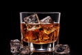 Whiskey on the rocks with ice cubes on a black background, lass of whiskey with ice cubes on plain background, AI Generated