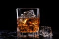 Whiskey on the rocks with ice cubes on a black background, lass of whiskey with ice cubes on plain background, Ai generated Royalty Free Stock Photo