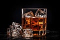 Whiskey on the rocks with ice cubes on a black background, lass of whiskey with ice cubes on plain background, Ai generated Royalty Free Stock Photo