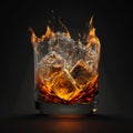 Whiskey or Rum Splashing out of a Glass with Ice Cubes on Black background and reflections. Alcohol luxury Generative AI