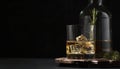 Whiskey, scotch or bourbon glass and bottle with fresh rosemary, ice cubes on black backgroun