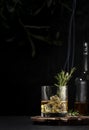 Whiskey, scotch or bourbon glass with smoking rosemary, ice cubes on black background