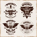 Whiskey set of four vector emblems, badges, labels or logos in vintage on background with removable grunge textures
