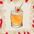 Whiskey sour cocktail illustration. Alcoholic bar drink hand drawn vector. Pop art