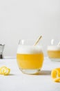 Whiskey sour cocktail with lemon juice, sugar syrup and egg white in glass on white Royalty Free Stock Photo