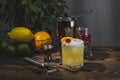 Whiskey Sour Cocktail in old fashioned glass with water drops, dark background Royalty Free Stock Photo