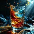 Whiskey splash in a glass with ice on a dark background