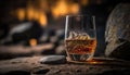 Whiskey On Stone, Blurred Background, Rustic Pub. Generative AI