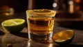 Whiskey, tequila, lime, cocktail, citrus fruit, shot glass, yellow, table, ice generated by AI Royalty Free Stock Photo