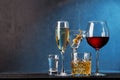 Whiskey, wine, champagne drinks Royalty Free Stock Photo