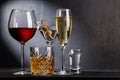 Whiskey, wine, champagne drinks Royalty Free Stock Photo