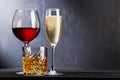 Whiskey, wine, champagne drinks Royalty Free Stock Photo